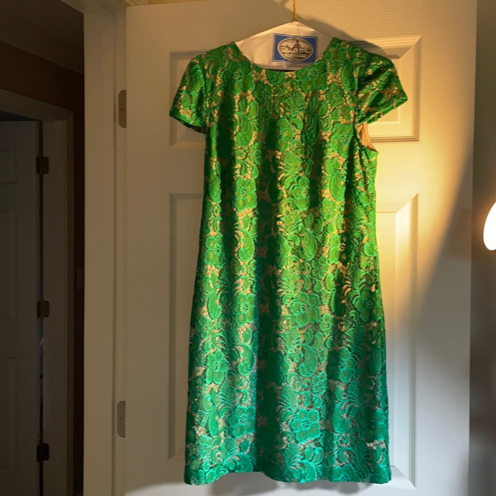 Short dress, green with nude lining under lace.